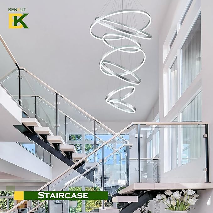 7 Rings Modern LED Chandelier Silver Dimmable Large Foyer Chandeliers Entryway High Ceiling for Staircase, High Ceiling Pendant Lights for Entryway Living Room, 3000K-6500K CCT