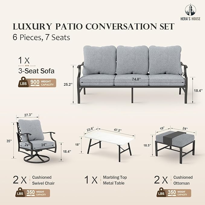 HERA'S HOUSE 6 Piece Patio Furniture Set, 2 x Swivel Cushioned Chair, 2 x Cushioned Ottoman, 1 x 3-Seat Sofa with Marbling Coffee Table, Outdoor Conversation Set for Lawn Garden Backyard, Gey