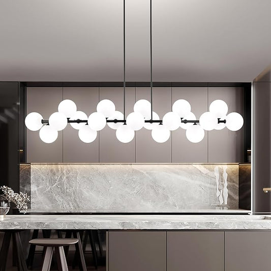Modern Linear Chandelier for Dining Room Sputnik Chandelier with 22 Lights White Glass Globe Shades Hanging Pendant Channdelier Light for Kitchen Living Room Farmhouse, Lenght 70 Inch