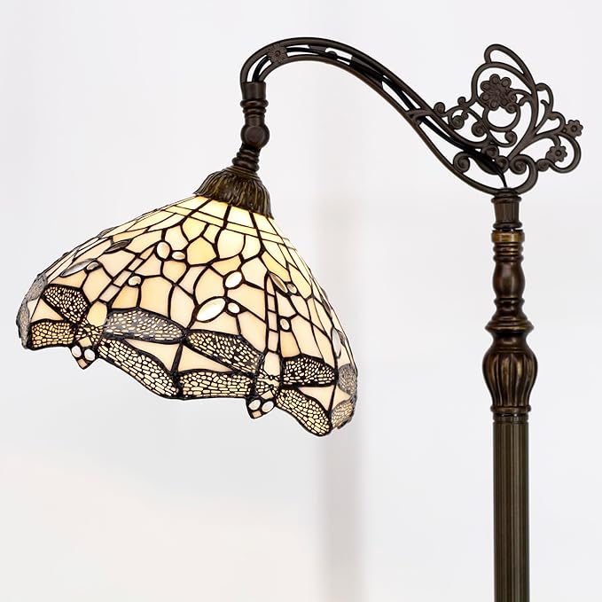 WERFACTORY Tiffany Floor Lamp Cream Stained Glass Dragonfly Arched Lamp 12X18X64 Inches Gooseneck Adjustable Corner Standing Reading Light Decor Bedroom Living Room S139 Series