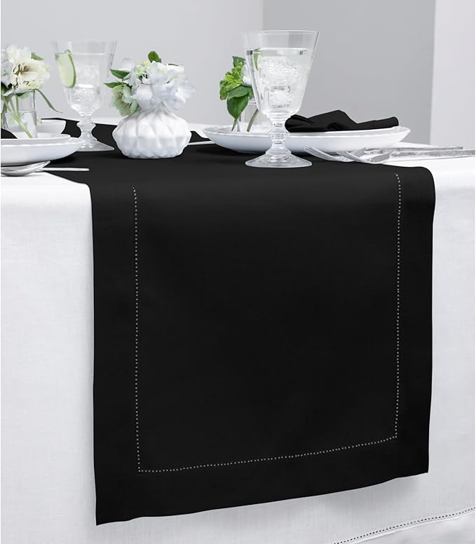 Solino Home Linen Black Table Runner 90 Inches Long - 100% Pure Linen Hemstitch 14 x 90 Inch Table Runner for Dining, Fall, Autumn, Halloween, Thanksgiving, Holiday - Classic Hemstitch