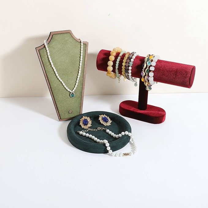 GemeShou Round Jewelry Organizer plate, Top Microfiber velvet Jewerly display tray, Empty Jewelry showcase tray for Necklace Bracelet Ring Earring display stand holder (Green-Small, 5.9 x 5.9 in)