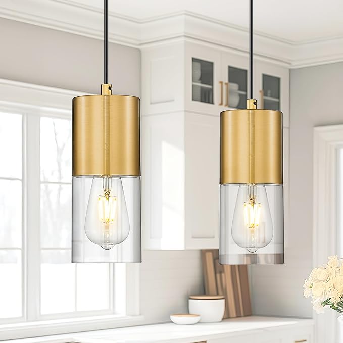 Gold Pendant Lights Kitchen Island, Hanging Lights Fixtures with Cylinder Clear Glass, Modern Brass Kitchen Pendant Lighting Over Island for Dining Room, AD-24023-1P-GD