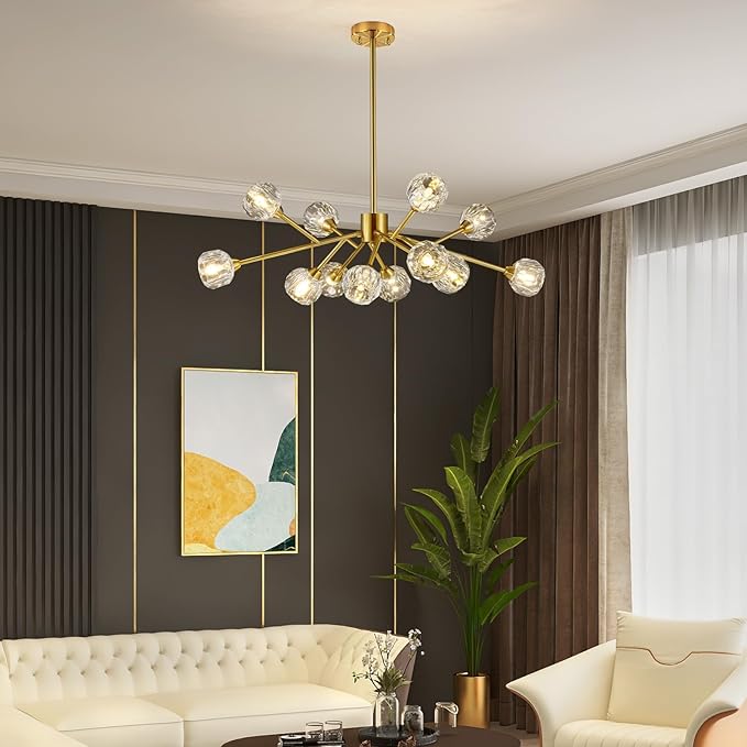 Sputnik Chandeliers Modern Crystal Pendant Lighting Gold Chandelier 12 Lights Mid Century Ceiling Light Fixtures for Dining Room Kitchen Island Living Room Bedroom Bar