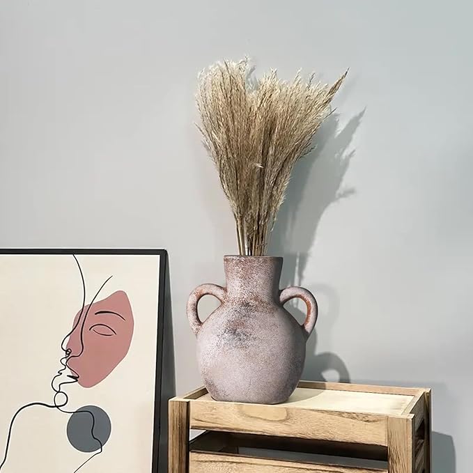 Ceramic Flower Vase,7.3 inch Tall Farmhouse Rustic Vase, Handcrafted Weathered Pottery Vases, Small Flower Terracotta Vases for Home Decor, Living Room Farmhouse Table Shelf Entrance (Terracotta)