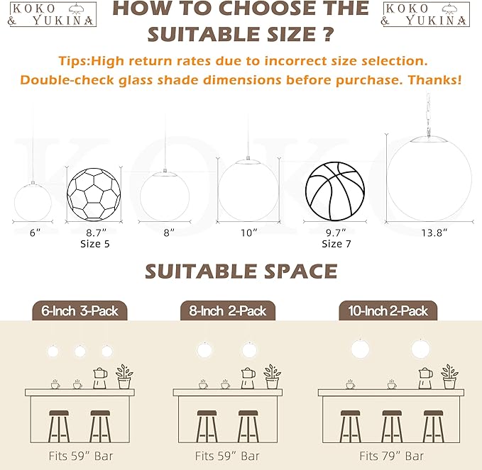 KoKo&Yukina 8 Inch Globe Pendant Light White Globe Pendant Lights Kitchen Island Mid Century Light Fixture with Milky White Glass Shade Adjustable Cluster Lights for Dining Room Living Room