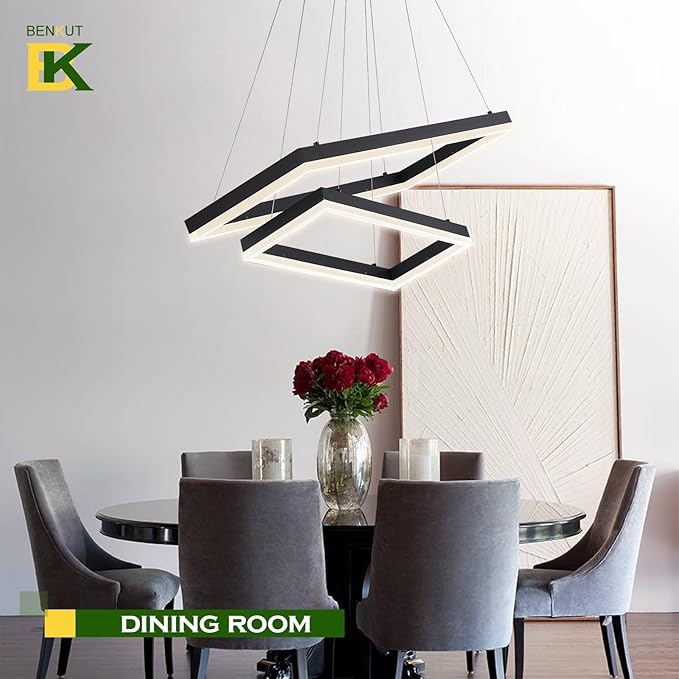 2 Rings Modern LED Chandelier Black 23.6inch Rectangle Dimmable LED Pendant Light with Remote Control 2 Tier Flush Mount High Ceiling Light for Dining Living Room Foyer(3000K-6500K, H59)