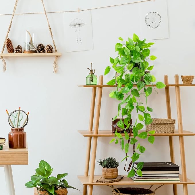 LOYWREE Small Fake Hanging Plant Artificial Potted Plants for Indoor Outdoor Aesthetic - 39in Realistic Faux Hanging Pothos with Ivy Vine for Shelf Decor in Home Office Gardens Greenery (Black Pot)