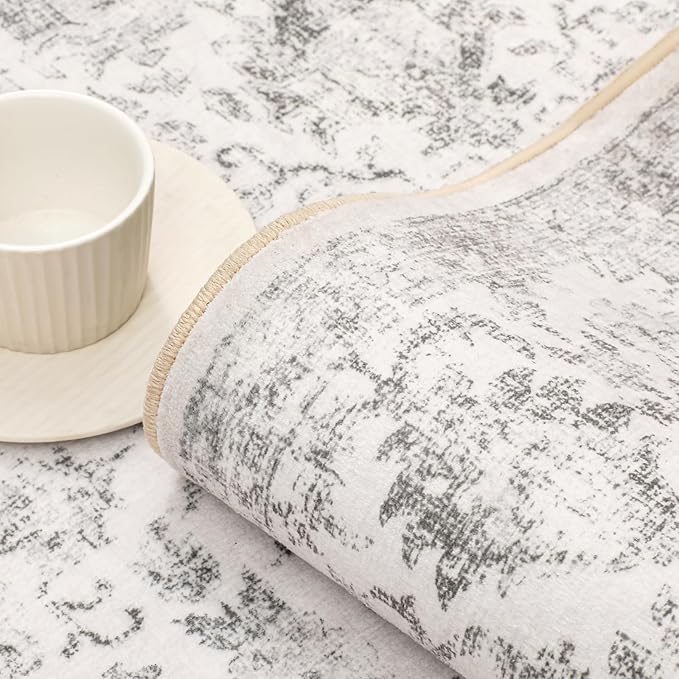 Gray Runner Rug 3x14 Hallway Machine Washable Kitchen Vintage Distressed Non Slip Long Carpet Indoor Grey Retro Floral Bedroom Accent Throw Rug for Bathroom Office Laundry Dining Living Room