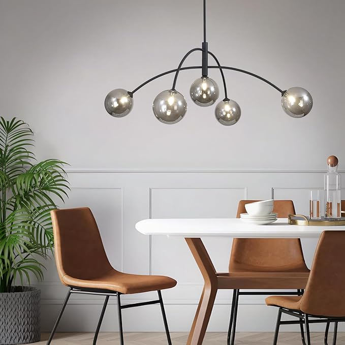 Mid Century Modern Chandelier Black 5 Light Industrial Pendant Light Fixture Vintage Smoke Gray Globe Glass Sputnik Chandeliers for Bedroom Kitchen Living Room Hallway