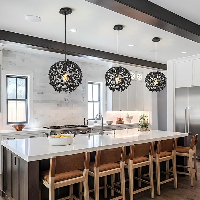 Black Round Tree Branch Pendant Lights Kitchen Islands, 13.8" Modern Farmhouse Adjustable Hanging Light Fixtures, Matte Black Metal Spherical Leaf Pendant Lighting for Dinning Room Bedside Hallway