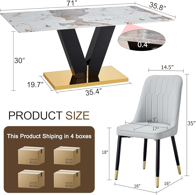 71'' Dining Table Set for 8,Marble Dining Table Set,Modern Kitchen Table with 8 PU Leather Chairs,Gold Dining Room Table Set with V-Shaped Black Glossy Pillars,Ideal for Kitchen Dining Room