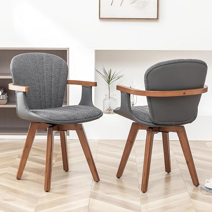 LUNLING Swivel Dining Chairs Set of 4, Mid Century Modern Gray Fabric+Faux Leather Kitchen Chairs with Arms,Bamboo Legs Side Chairs No Wheels,Accent Chair for Dining Rooms and Offices(Gray Fabric)