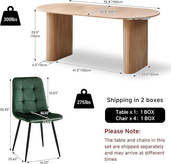 5-Piece Dining Table Set for 4 6 People with Heavy Duty Legs Dining Room Tables Set for 4 Table and Chairs for Living Room Kitchen Apartment(Natural Table with 4 Green Chairs)