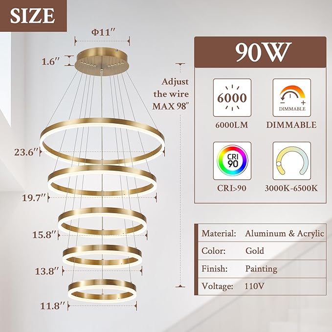 Modern LED Chandelier for Foyer Dimmable Gold High Ceiling Chandeliers Foyer with Remote Control for Entryway Dining Room Living Room Staircase, 3000K-6500K(5-Rings D23.6’’)