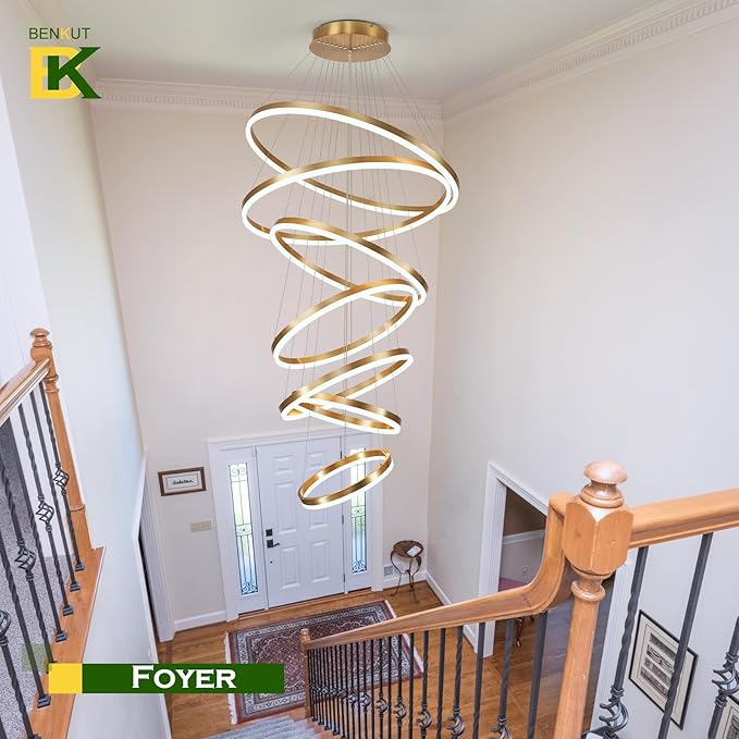 7 Rings Modern LED Chandelier Gold Dimmable Large Foyer Chandeliers Entryway High Ceiling for Staircase, High Ceiling Pendant Lights for Entryway Living Room, 3000K-6500K CCT
