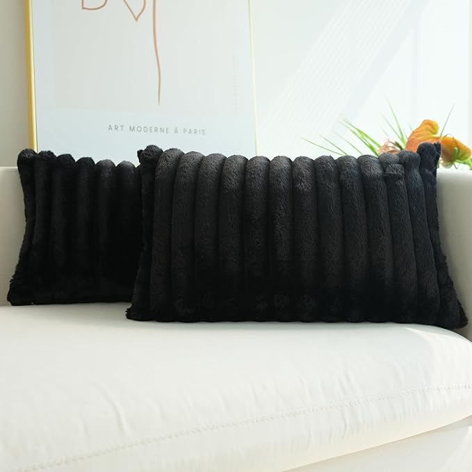 JOJUSIS Pack of 2 Faux Fur Plush Decorative Throw Pillow Covers Couch Cushion Case Soft Pillowcases (Black, 12 x 20-Inch)