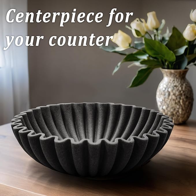 Ruffle Decorative Bowl, Large Fruit Bowl for Kitchen Counter, Stylish Key Bowl for Entry Table, Handcrafted Home Decor Display bowl, Artificial Stone Black