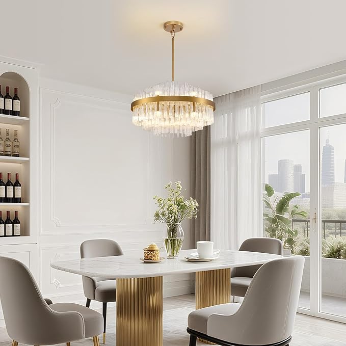Siljoy 12 Lights Gold Crystal Chandelier for Dining Room, 23.6'' Modern 3-Tiers Raindrop Chandelier with Wave Curved Glass Rods, Luxury Dimmable Crystal Ceiling Light for Living Dining Room Kitchen