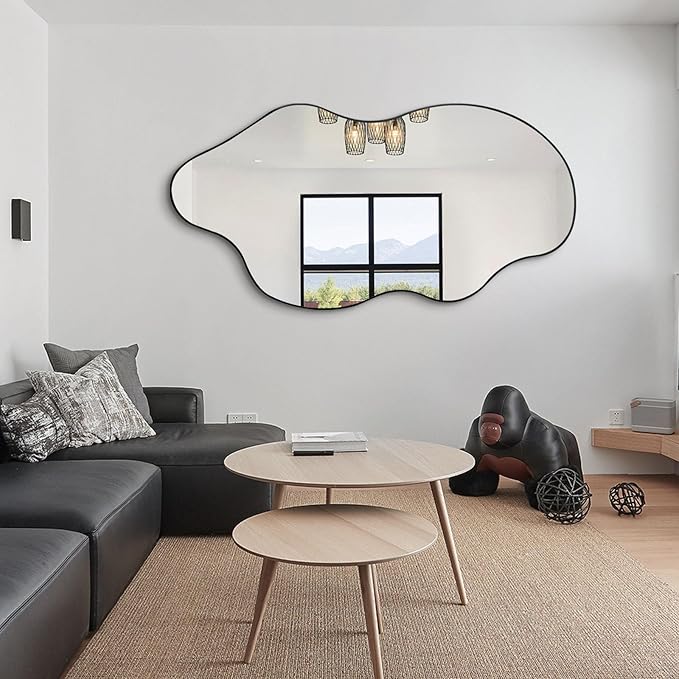 Irregular Mirror Full Length, Large Asymmetrical Wall Mirror, 59"x30" Wavy Shaped Mirrors, Modern Frameless Decorative Mirrors for Dressing Living Room Bathroom Bedroom Hallway Entryway