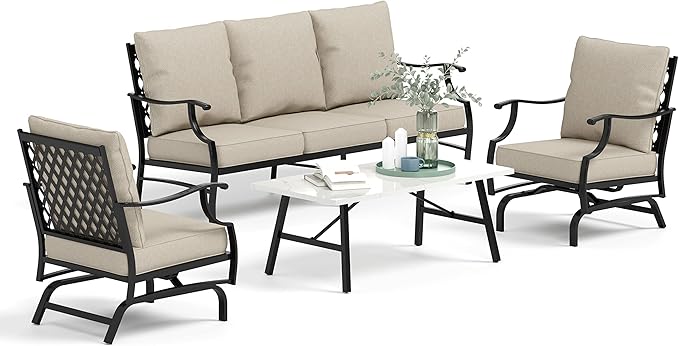 HERA'S HOUSE 4 Piece Patio Furniture Set, 2 x Rocking Metal Frame Cushioned Chair, 3-Seat Sofa with Marbling Coffee Table, All Weather Outdoor Conversation Set for Lawn Garden Backyard
