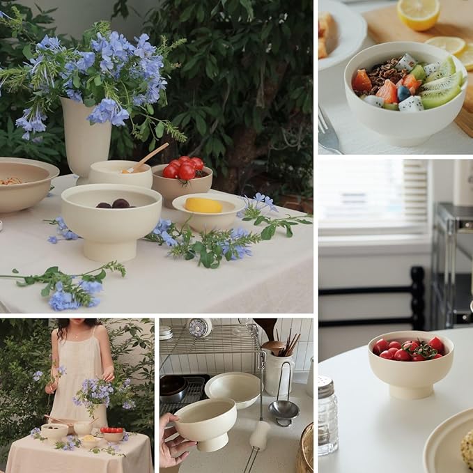 High-foot Deep Fruit Bowl, Ceramic Pedestal Decorative Bowl, Round Bowl for Salad, H3.38" × W5.5" Small Size, 17oz, Matte Crème