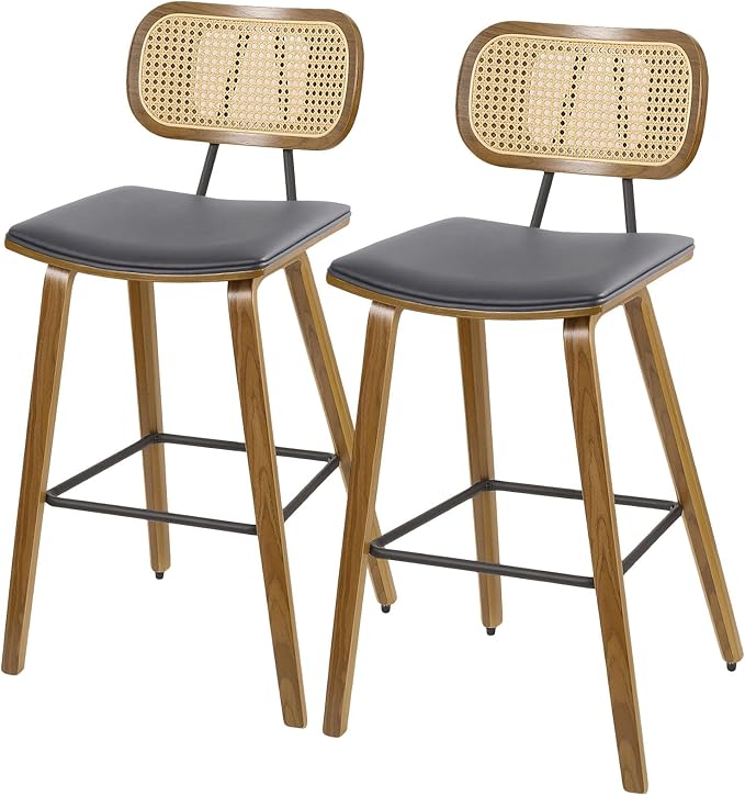 Counter Height Bar Stools Set of 2, Mid Century Modern Counter Stools, 26" Wood Kitchen Stool PU Leather Upholstered Barstools with Rattan Back, Counter Height Island Dining Bar Chair,Grey