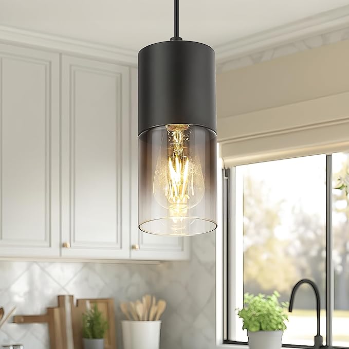 2-Pack Pendant Lights Kitchen Island, Hanging Lights Fixtures with Cylinder Black Gradient Glass, Modern Kitchen Pendant Lighting Over Island for Dining Room, AD-24023-1P2-BK-SM