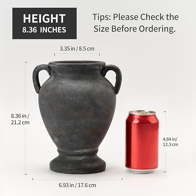 Ceramic Rustic Flower Vase with Handles, 8.36 Inch Tall Vintage Pottery Home Decor, Farmhouse Terracotta Vase for Living Room, Table, Shelf, Mantel Decoration, Farmhouse- Black