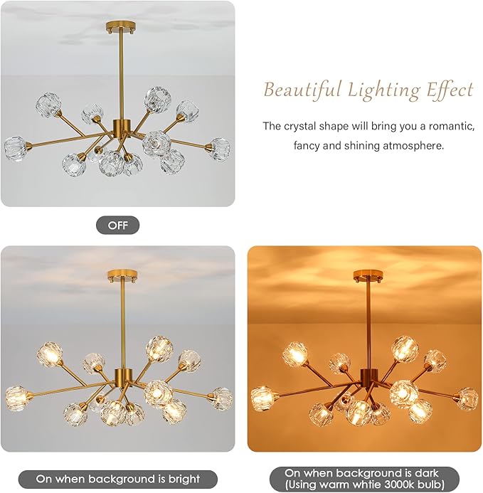 Sputnik Chandeliers Modern Crystal Pendant Lighting Gold Chandelier 12 Lights Mid Century Ceiling Light Fixtures for Dining Room Kitchen Island Living Room Bedroom Bar