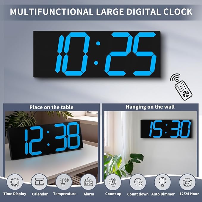 18.7in Large Digital Wall Clock,LED Digital Clock with Big Number,Multi-Function Remote Controlled Wall Clock with Timer, Alarm and Calendar Display(Blue)