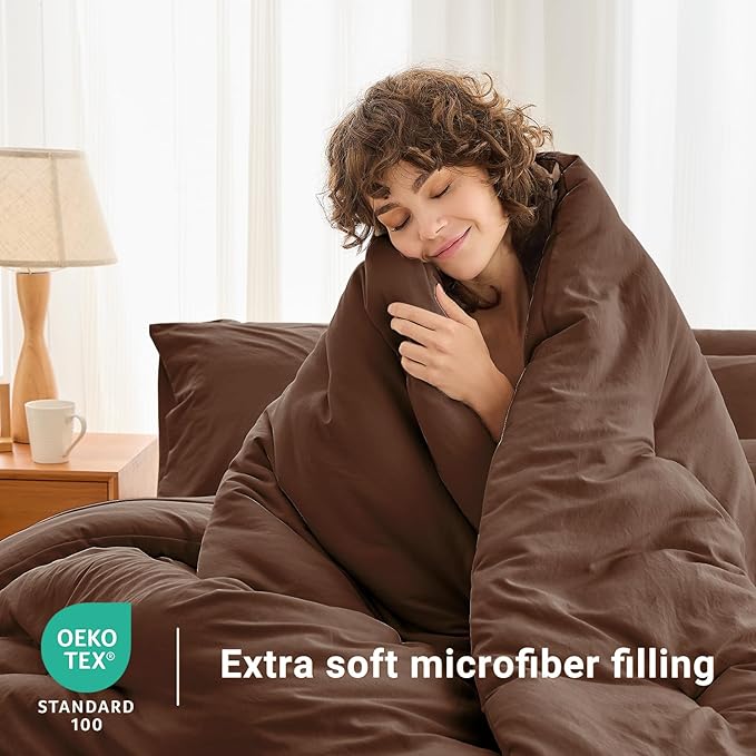 MUXHOMO 5 Pieces Twin XL Comforter Set, Soft Bed in a Bag Twin XL Size, All Season Bedding Set with Comforter, Flat Sheet, Fitted Sheet, Pillowcases & Shams, Brown