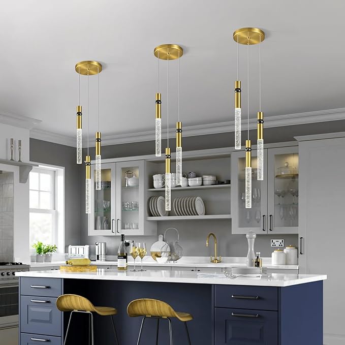 Pendant Lights Kitchen Island Light Fixtures Dimmable LED Modern Pendant Light with Bubble Crystal Pendant Lighting for Kitchen Bedroom Hallway Entryway (Gold 3-Light)