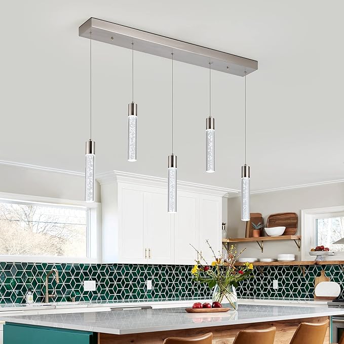 5-Light Pendant Ceiling Light Fixture for Kitchen Island, Modern Pendant Lighting for Kitchen Island,Integrated Dimmable Led Hanging Light with Crystal 40W,6000k for Kitchen…