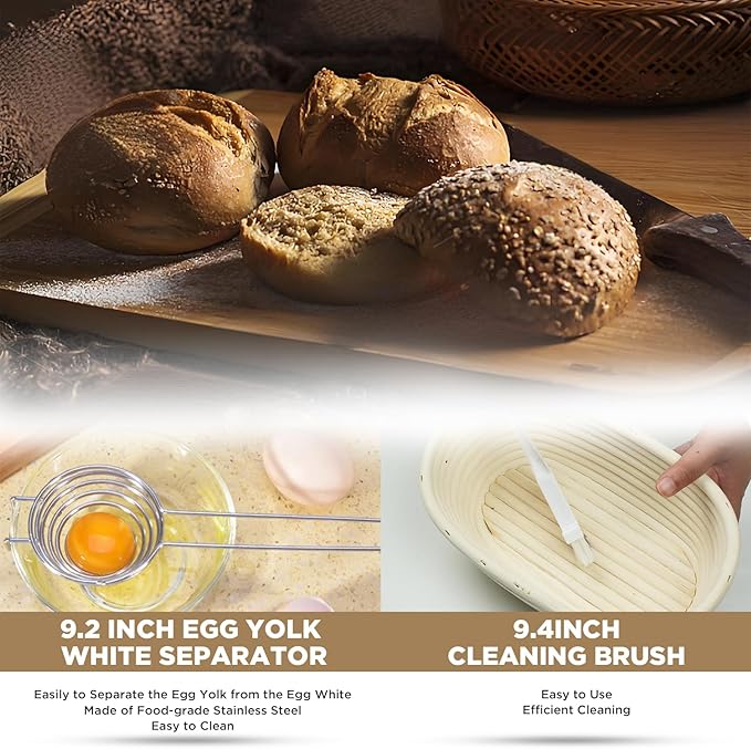 Banneton Proofing Basket Set Sourdough Starter Kit, 10" Oval Bread Dough Proofing Basket, Artisan Style Sourdough Bakers Baking Supplies Handmade Rattan Bread Making Tool for Home