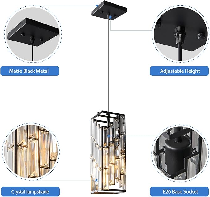 Black Pendant Lighting Modern Pendant Light, Mini Crystal Chandeliers,Adjustable Pendant Light Fixture for Kitchen Island Dinning Room Bedroom (3 Pack)