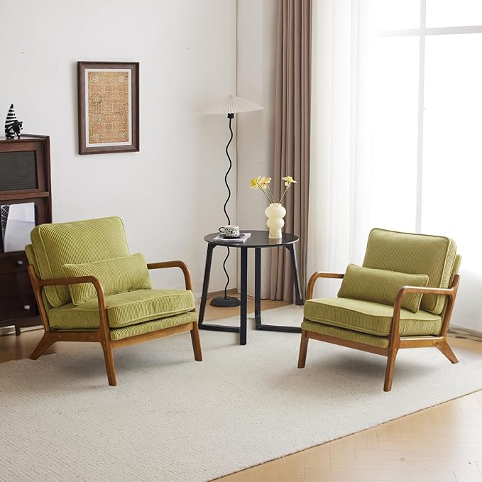 Karl home Mid-Century Modern Accent Chair, Living Room Chairs with Pillow Corduroy Upholstered Lounge Armchair with Solid Wood Frame & Soft Cushion for Bedroom, Reading Room, Green