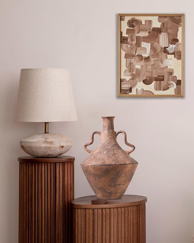 UPWOIGH 14x9.06 in Tall Vintage Ceramic Vase with Handles, Antique Terracotta Pottery Vase for Living Room Table Decor, Rustic Farmhouse Bedroom Decoration, Distressed Brown with Black Markings, Gift