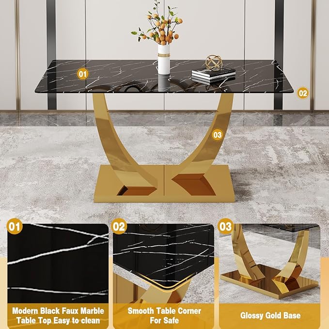 63” Dining Room Table Set for 6,Modern Gold Dining Table Set for 6, Rectangle kitchen Table Set With PU Leather Chairs,Black Faux Marble Dinner Table Set with Tempered Glass Top and Golden Base