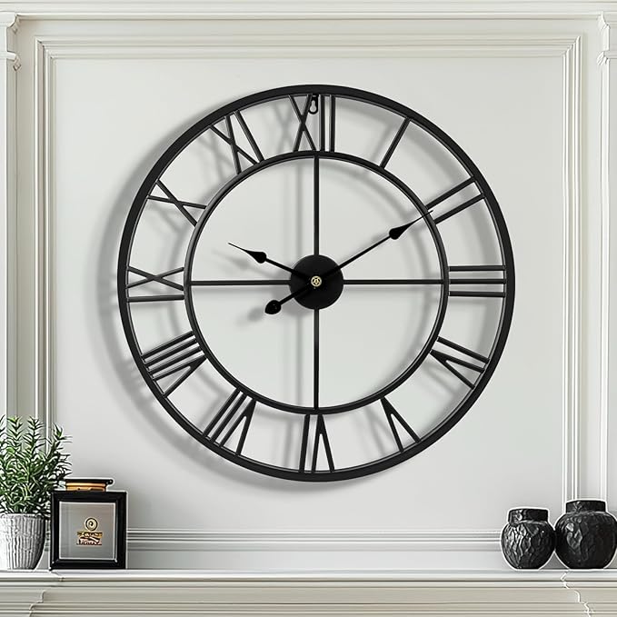Tatub 24 Inch Large Wall Clock for Living Room Decor, Roman Numeral Modern Round Decorative Metal Large Wall Clock for Bedroom and Kitchen, Silent, Non Ticking, Battery Operated