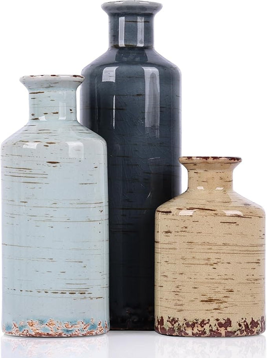 Blue and Beige Ceramic Vase Set of 3 – Rustic Distressed Glaze Pottery Vases, Small Vintage Flower Vases for Home Decor, Farmhouse, Modern Rustic, Shelf, Mantle, Table Centerpiece Decorations