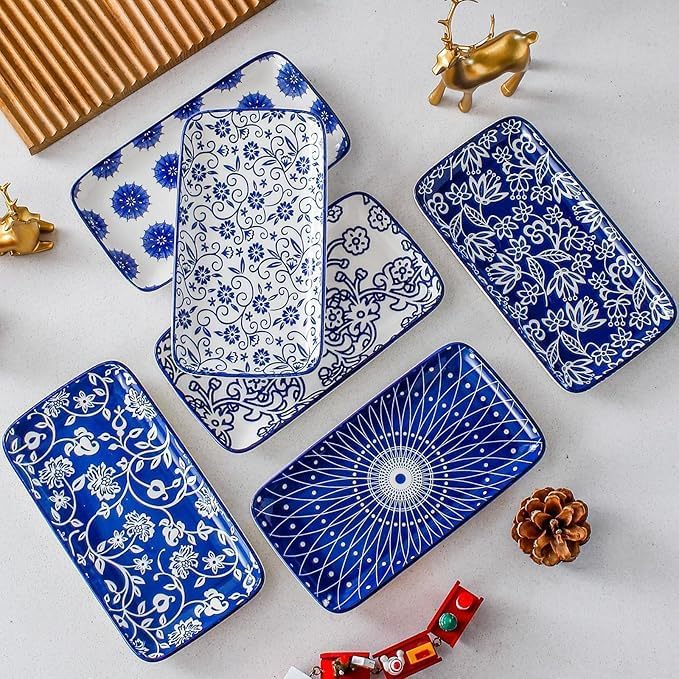Rectangle Serving Platter Set - 8 Inch Ceramic Dinner Plates Rectangular Serving Trays for Sushi Salad Dessert Pasta Appetizer - Oven Microwave Dishwasher Safe - Set of 6 - Vintage Blue