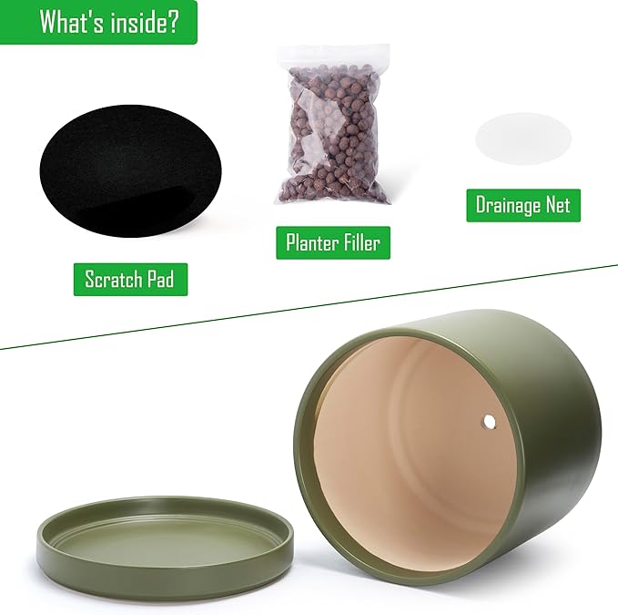 D'vine Dev 14 Inch Ceramic Planter Pot with Drainage Hole and Saucer, Indoor Cylinder Round Planter Pot, Olive, 94-O-G-J