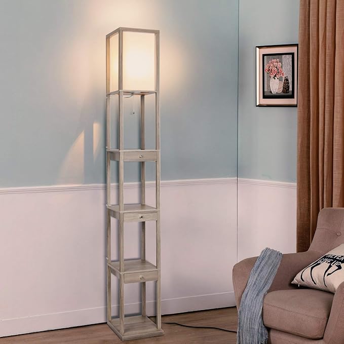 Brightech Maxwell Drawer Edition - Modern Shelf Floor Lamp with Drawer - Corner Display Floor Lamps with Shelves for Living Room, Bedroom and Office - Rustic Wood