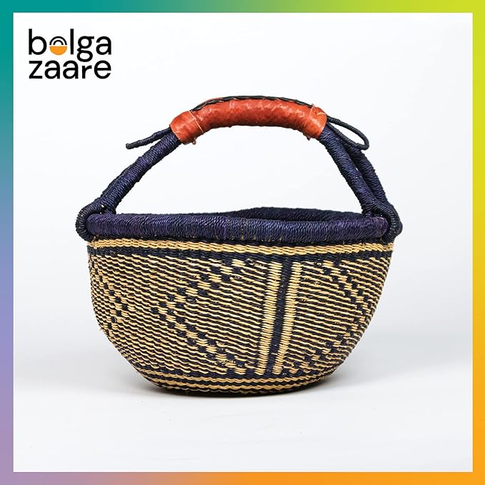 Market Basket, Handmade in Ghana by Women Artisans, Natural + Midnight Color, MEDIUM, 13"-15" Diameter x 8"-9" H, RED HANDLE (1 basket)