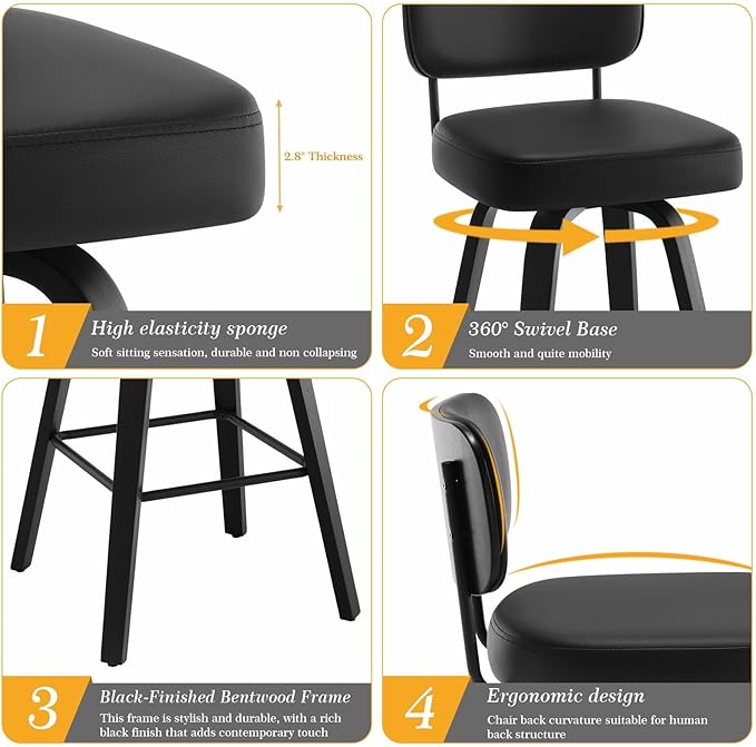 Swivel Counter Height Bar Stools Set of 4, 26" Upholstered Faux Leather Barstools with Back, Bar Chairs Island Stools for Kitchen Counter, Black Wood Frame, Black