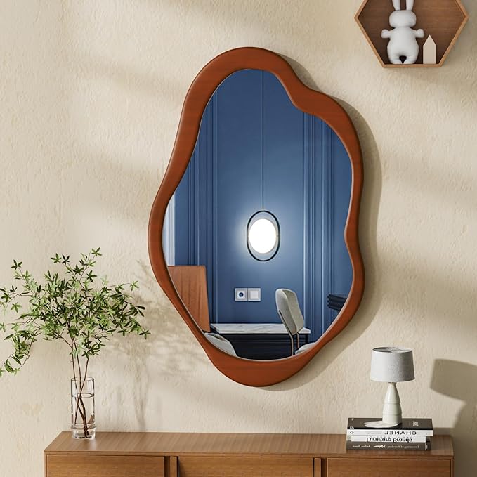 Wavy Cloud Mirror - Irregular Wall Mirror With Wood Frame, Modern Decorative With Hanging Hooks, Asymmetrical for Bedroom Living Room Entryway (Walnut, 41'' 28'')