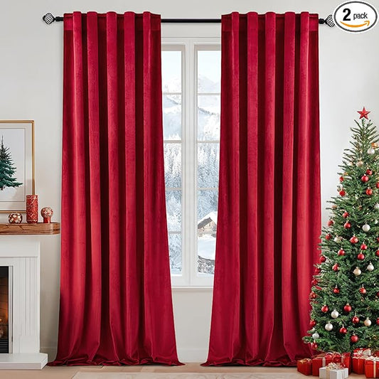 MIULEE Velvet Curtains 108 inches Long - Luxury Blackout Curtains for Bedroom Living Room Thermal Insulated Super Soft Window Drapes Rod Pocket & Back Tab Christmas Decor, Red, 2 Panels