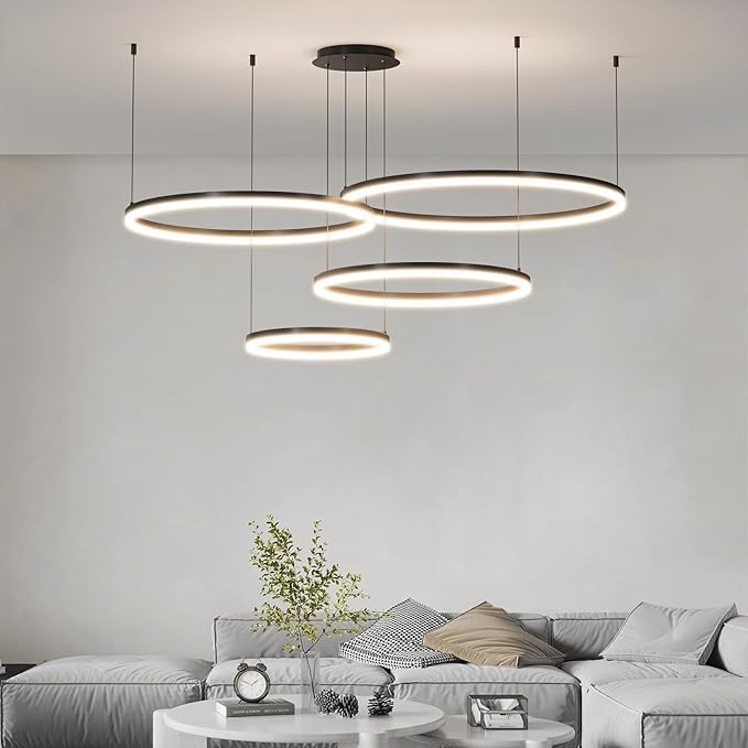 Modern LED Chandelier Light, 4 Ring Black Pendant Lighting Fixture, Adjustable Hanging Ceiling Lamp for Dining Room, Kitchen Island, Entryway, Living Room, Dimmable Dining Light Over Table