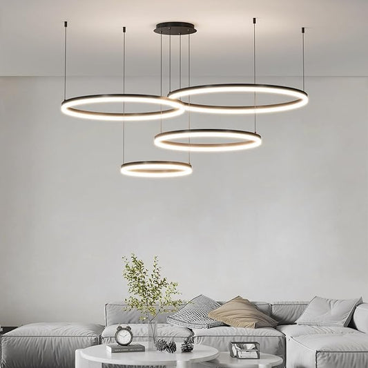 Modern LED Chandelier Light, 4 Ring Black Pendant Lighting Fixture, Adjustable Hanging Ceiling Lamp for Dining Room, Kitchen Island, Entryway, Living Room, Dimmable Dining Light Over Table